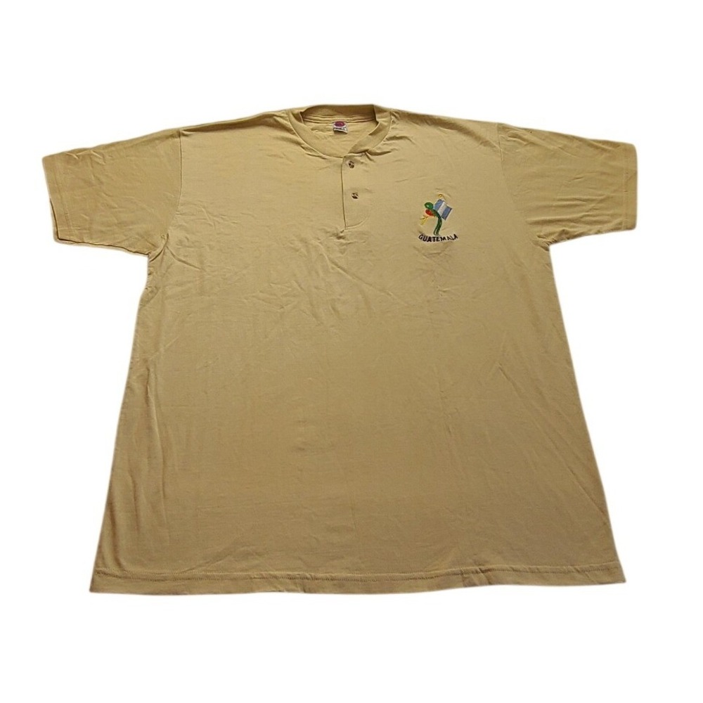 Nancy Guatemala Quetzal Flag Embroidered Henley‎ Shirt Tan Cotton Mens XXL